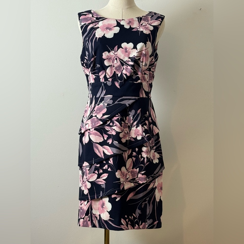Laura Floral Sheath Dress | Size 6 | Navy & Blush | Fully Lined, flattering fit